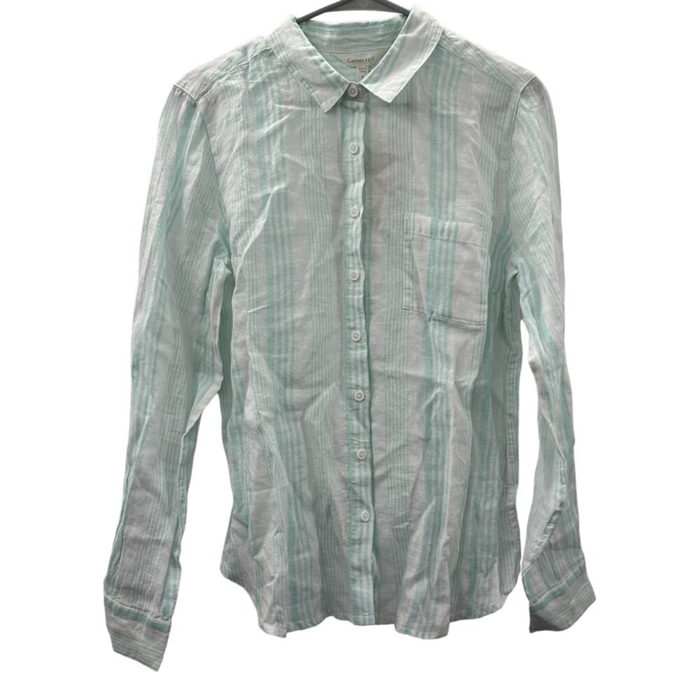Garnet Hill Linen Light Blue & White Striped Long Sleeve Button Down Top 8 NEW